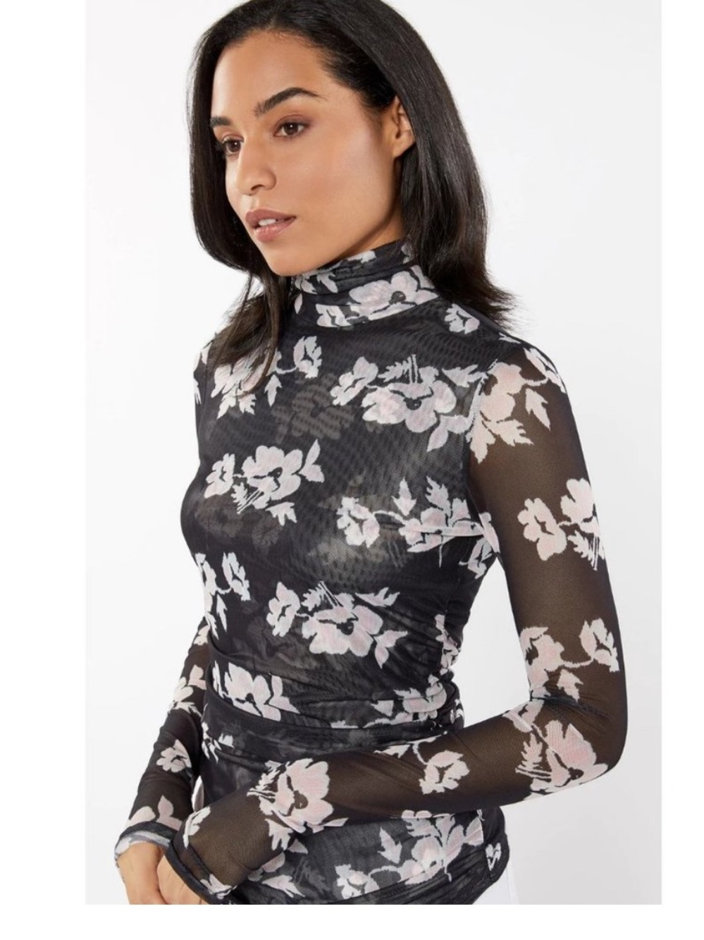 NWT Cinq a Sept black pink floral print Ivy ruched mesh turtleneck size small